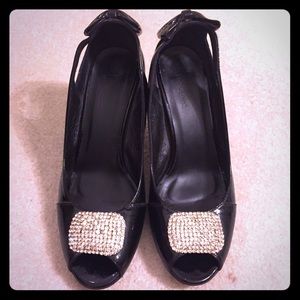 Black Patent peep toe heels
